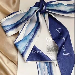 Blue & White Painted Landscape Neck & Hair Bow Twilly Scarf
